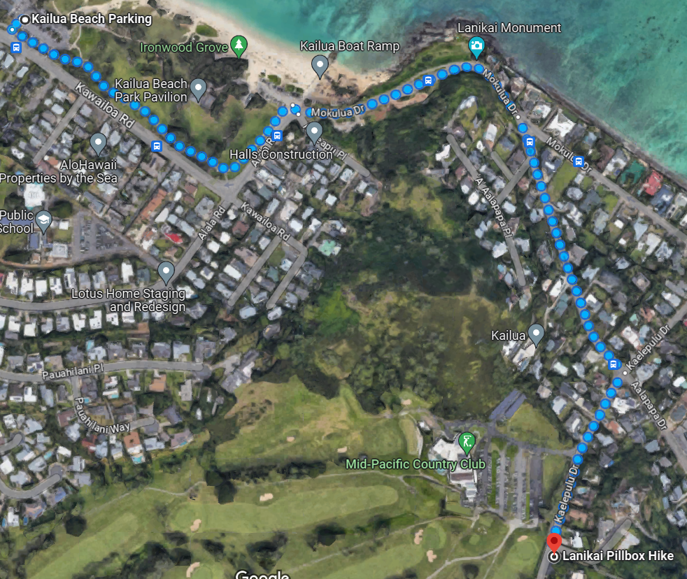 highlighted map showing how to get to the Lanikai pillbox hike